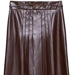 ZARA Faux Leather Pleated Midi Skirt – Brown | Size Small | NWT